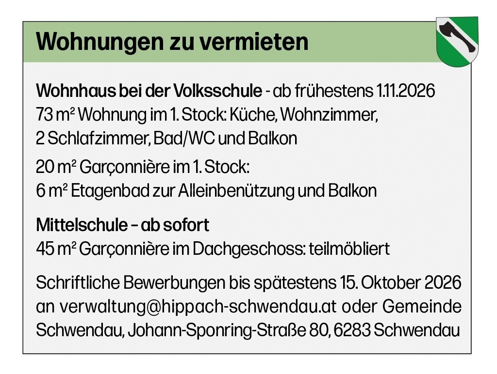 Gemeinde Schwendau Wohnungen zu vermieten